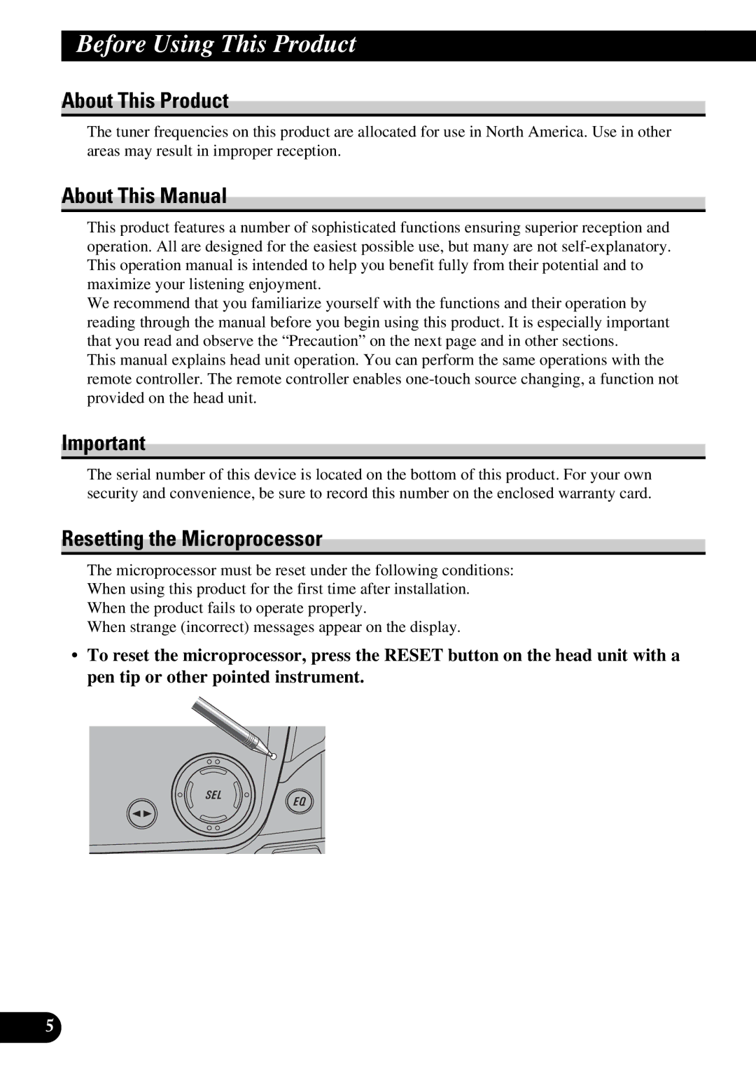 Pioneer FH-P4400 Before Using This Product, About This Product, About This Manual, Resetting the Microprocessor 