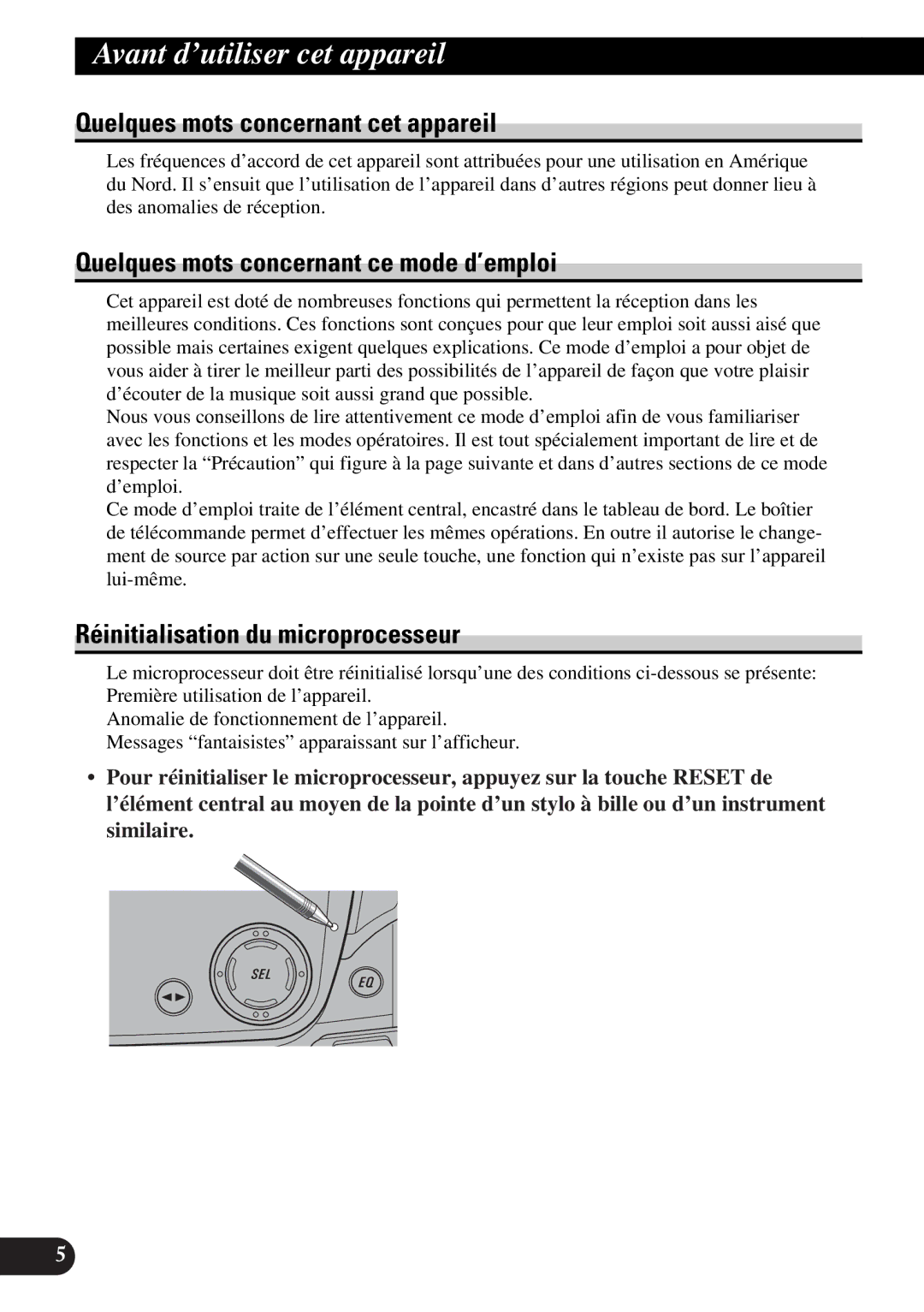 Pioneer FH-P4400 Avant d’utiliser cet appareil, Quelques mots concernant cet appareil, Réinitialisation du microprocesseur 