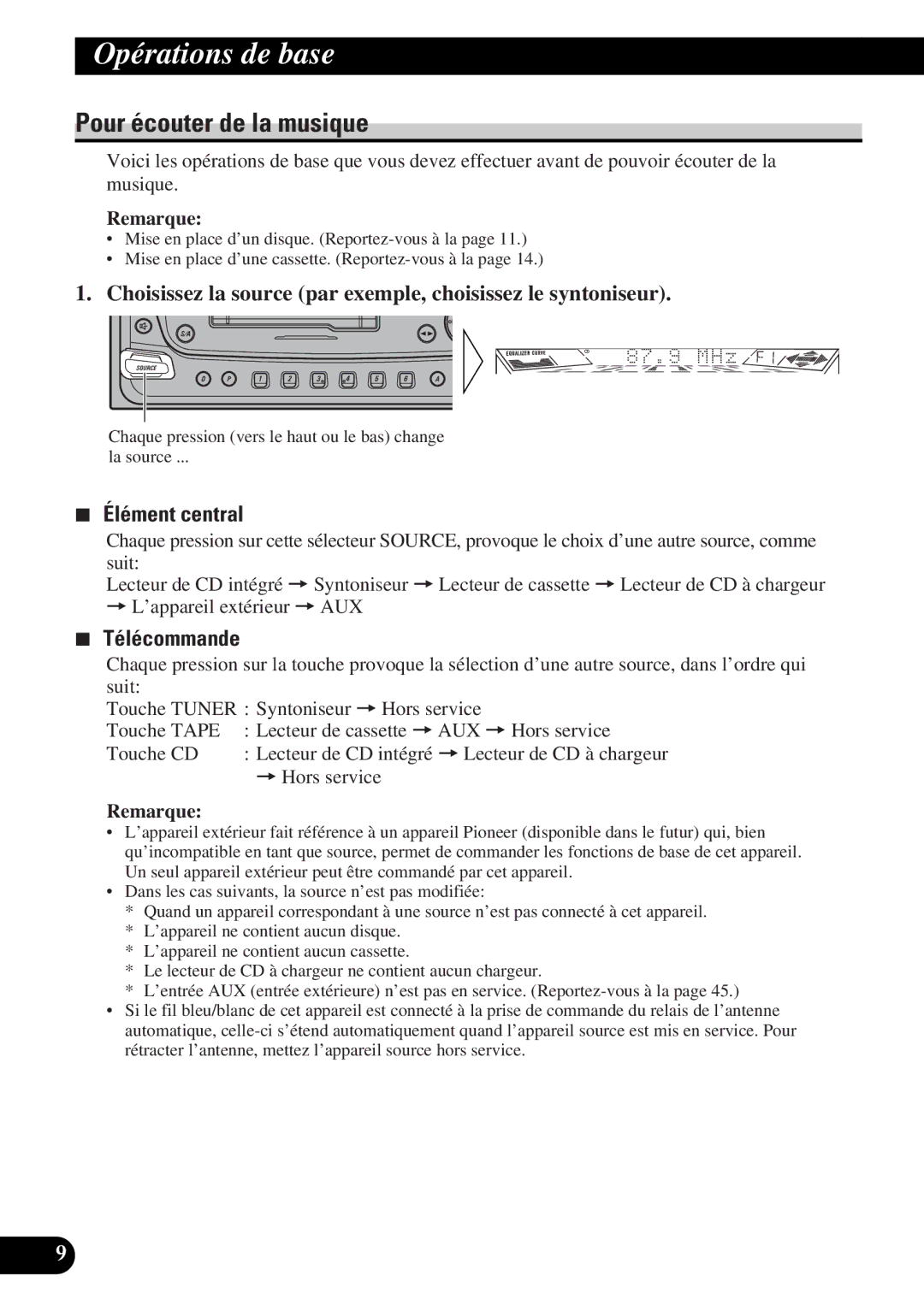 Pioneer FH-P4400 operation manual Opérations de base, Pour écouter de la musique, Élément central, Télécommande 