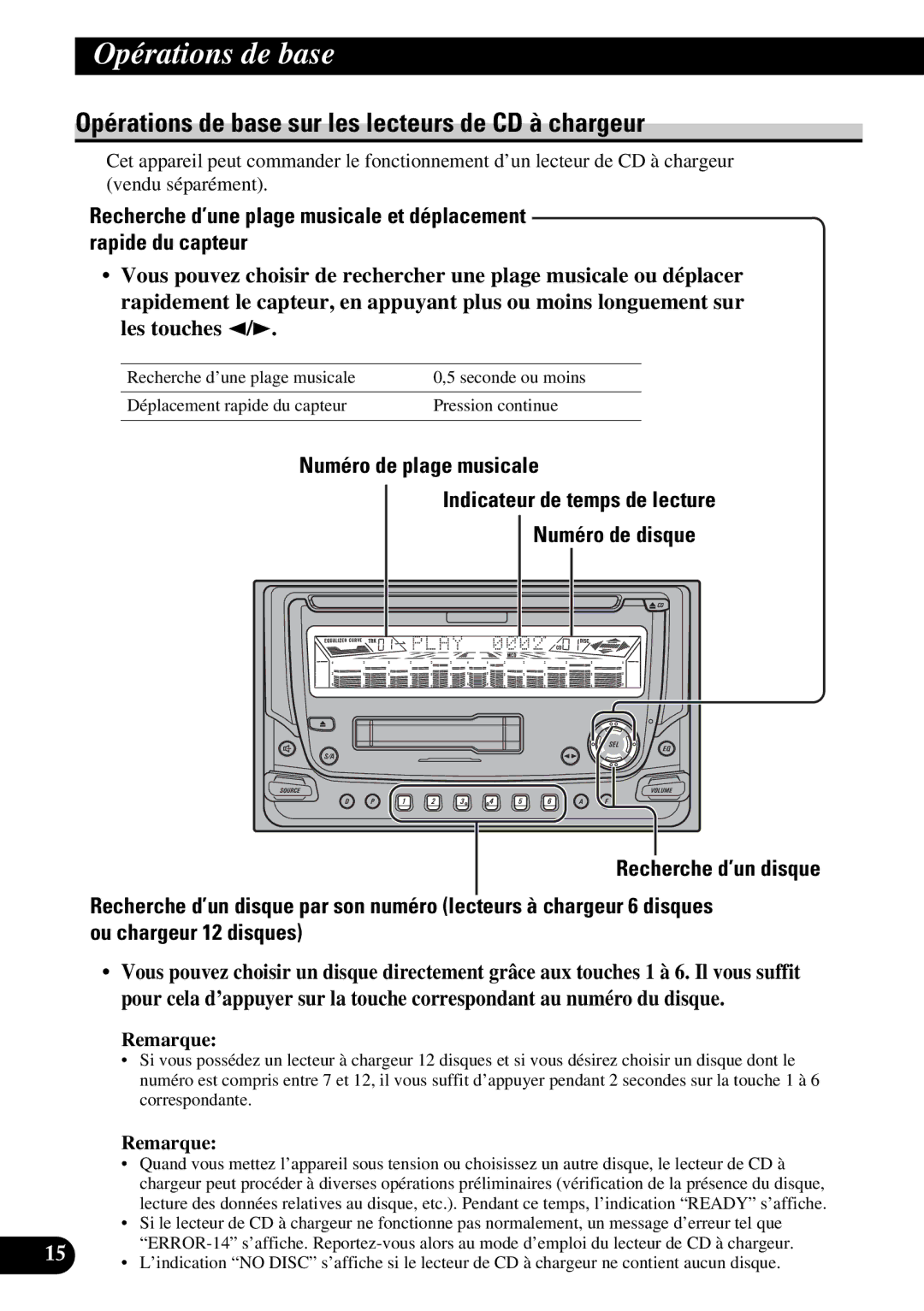 Pioneer FH-P4400 operation manual Opérations de base sur les lecteurs de CD à chargeur 