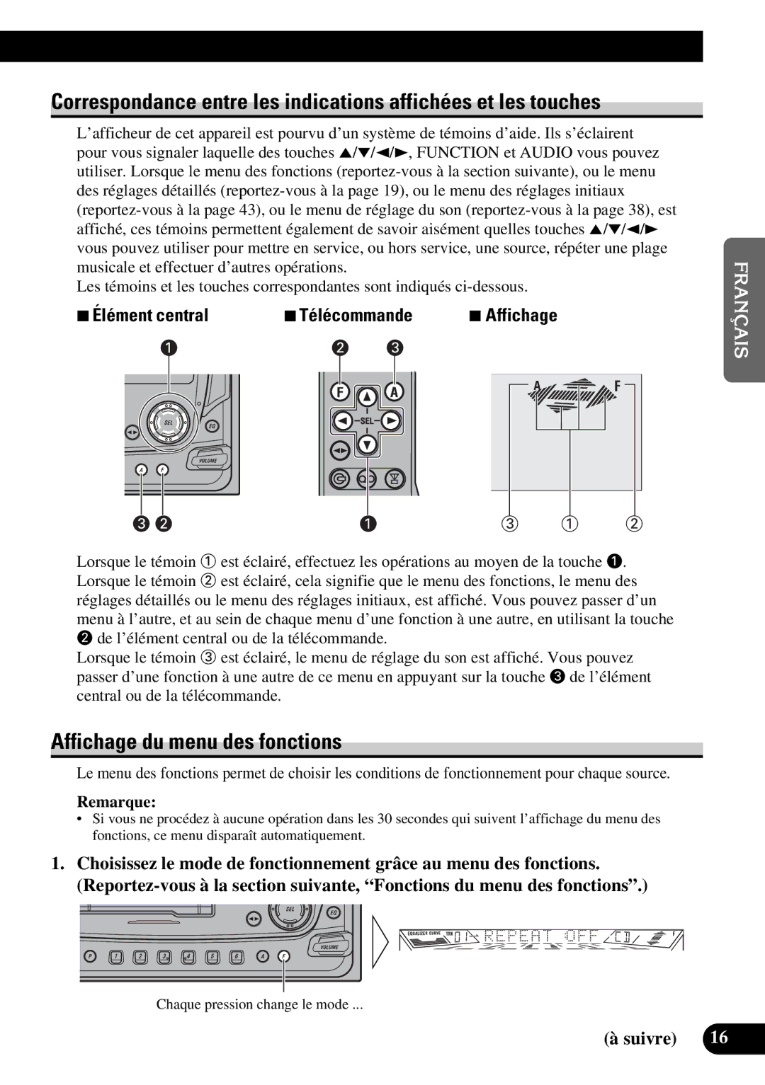 Pioneer FH-P4400 operation manual Affichage du menu des fonctions, 7Élément central 7Télécommande, Suivre 