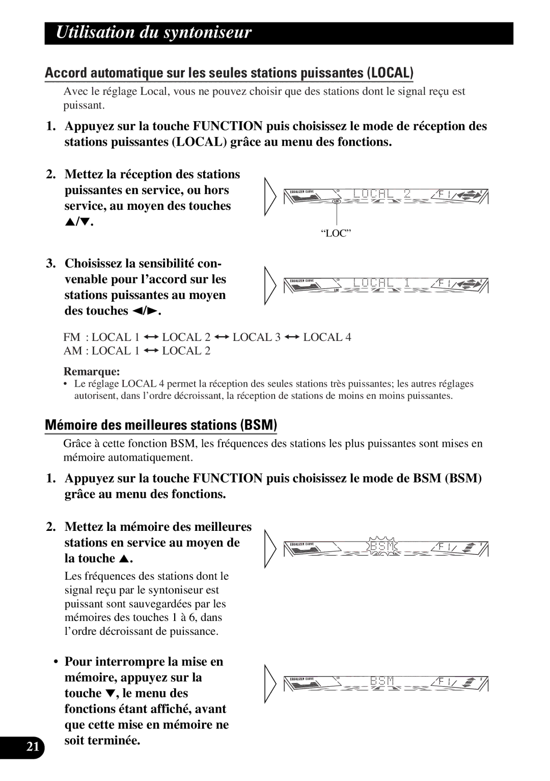 Pioneer FH-P4400 operation manual Utilisation du syntoniseur, Accord automatique sur les seules stations puissantes Local 