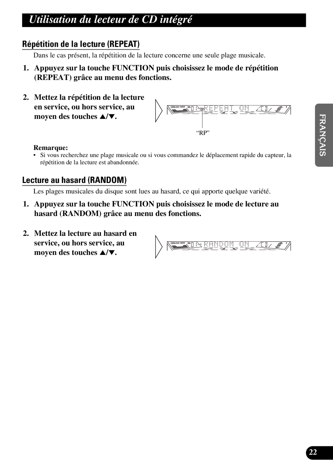 Pioneer FH-P4400 Utilisation du lecteur de CD intégré, Répétition de la lecture Repeat, Lecture au hasard Random 