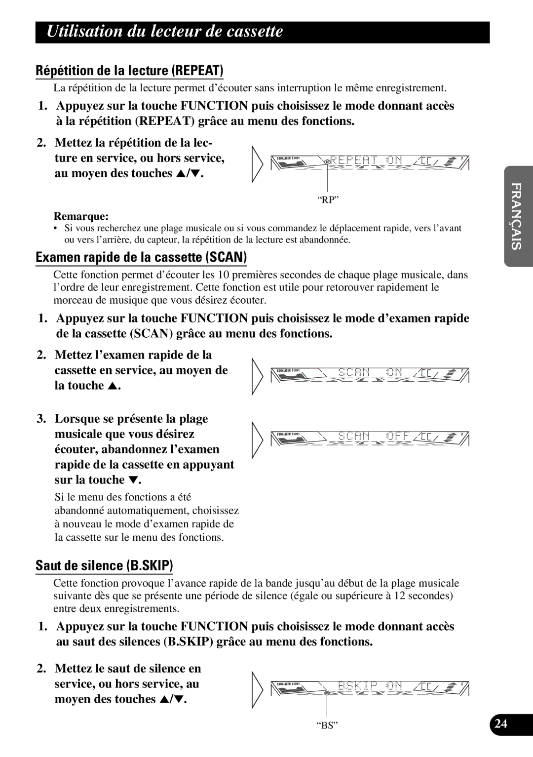 Pioneer FH-P4400 Utilisation du lecteur de cassette, Examen rapide de la cassette Scan, Saut de silence B.SKIP 