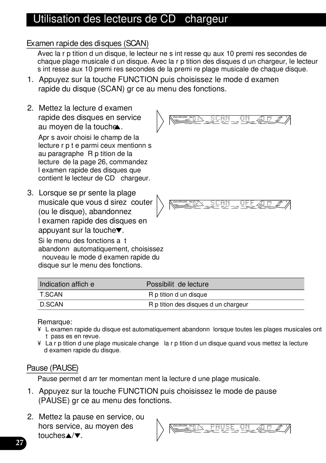 Pioneer FH-P4400 operation manual Examen rapide des disques Scan, Indication affichée Possibilité de lecture 