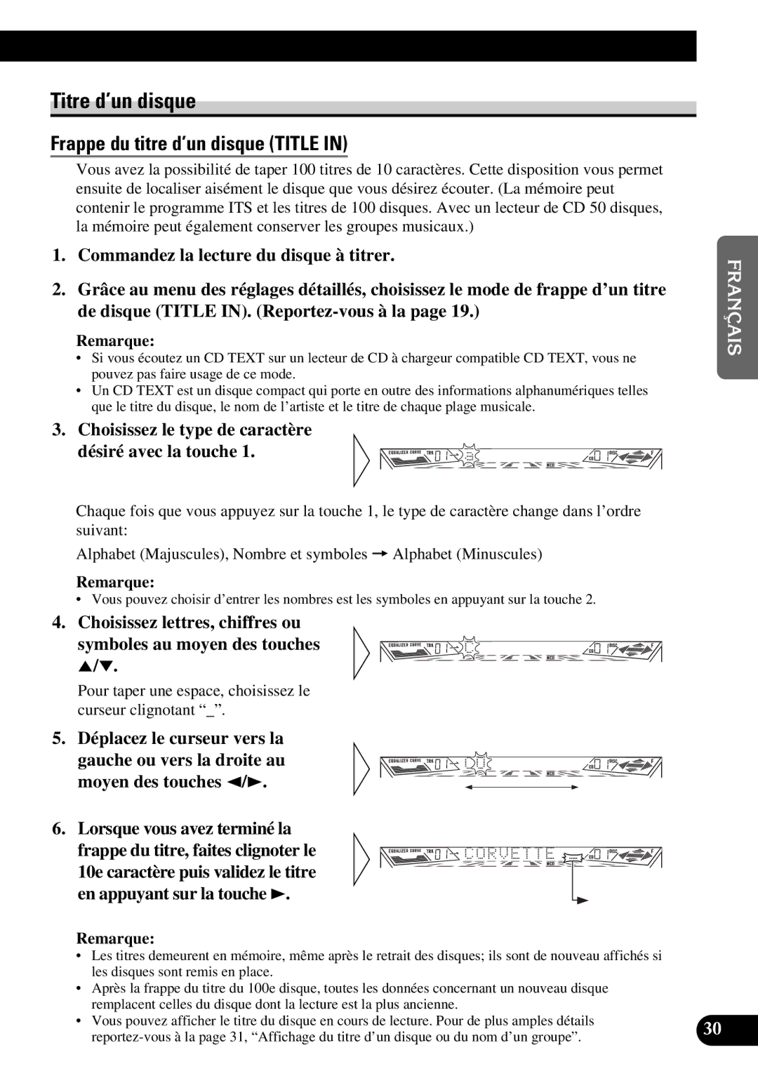 Pioneer FH-P4400 operation manual Titre d’un disque, Choisissez le type de caractère Désiré avec la touche 