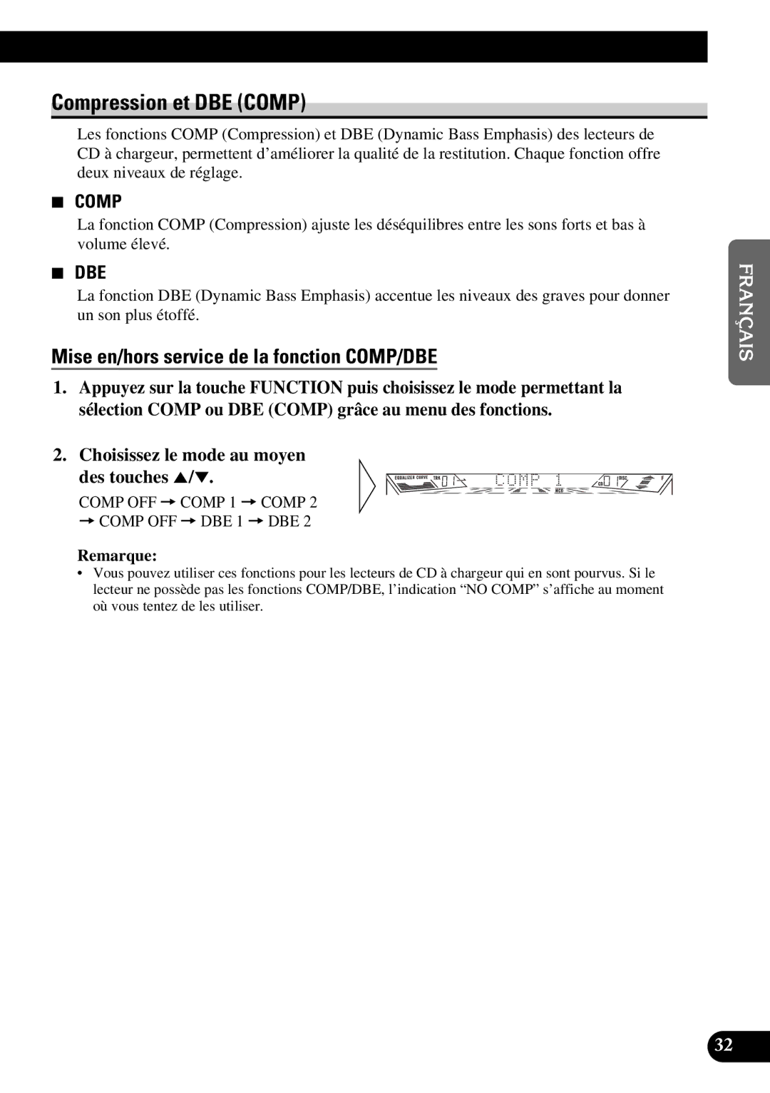 Pioneer FH-P4400 operation manual Compression et DBE Comp, Mise en/hors service de la fonction COMP/DBE 