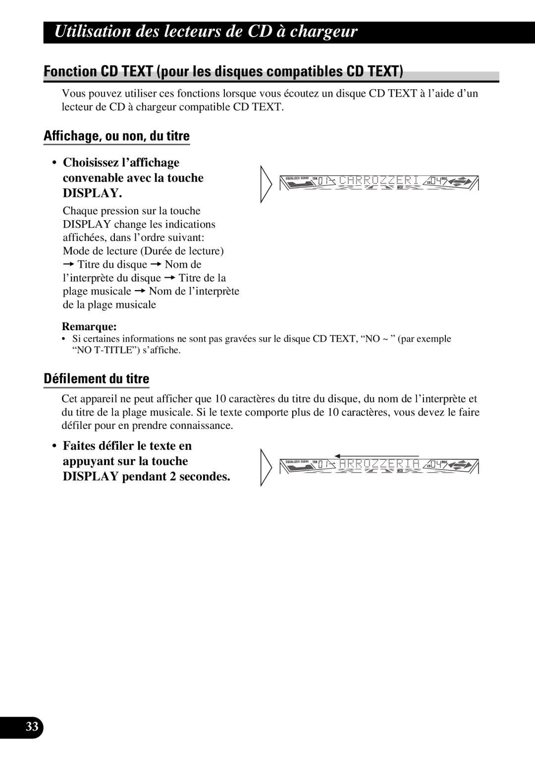 Pioneer FH-P4400 Fonction CD Text pour les disques compatibles CD Text, Affichage, ou non, du titre, Défilement du titre 