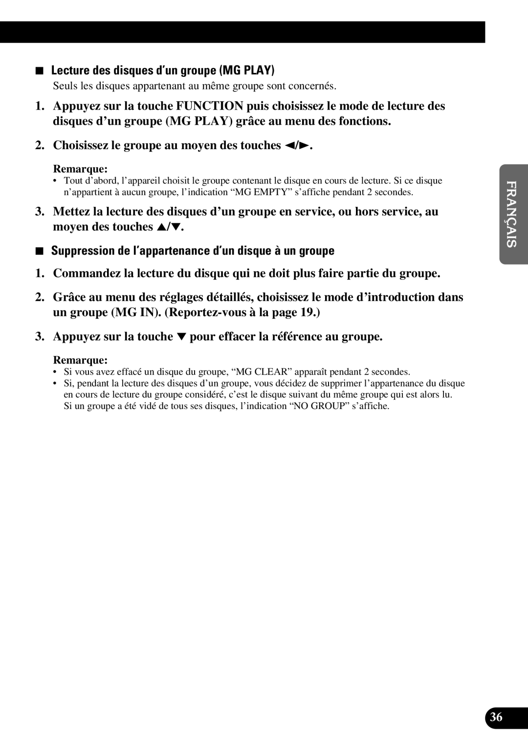 Pioneer FH-P4400 Lecture des disques d’un groupe MG Play, Suppression de l’appartenance d’un disque à un groupe 