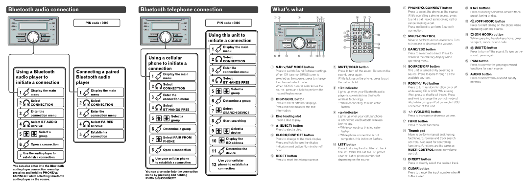 Pioneer FH-P8000BT quick start Bluetooth audio connection, Bluetooth telephone connection, What’s what 