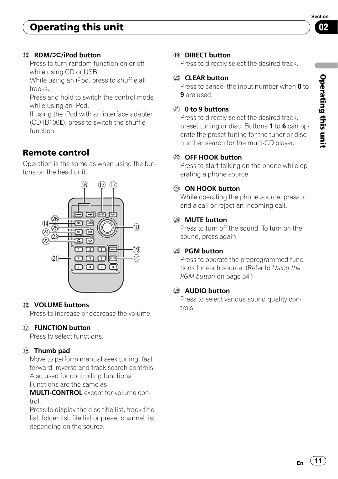 Pioneer FH-P800BT operation manual Operating this unit, Remote control 