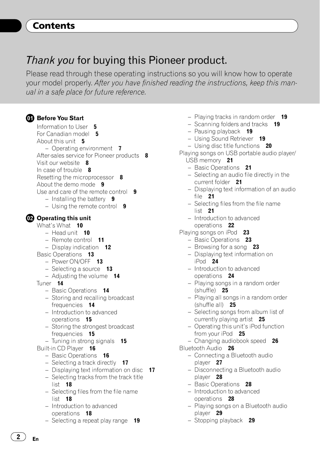 Pioneer FH-P800BT operation manual Thank you for buying this Pioneer product, Contents 