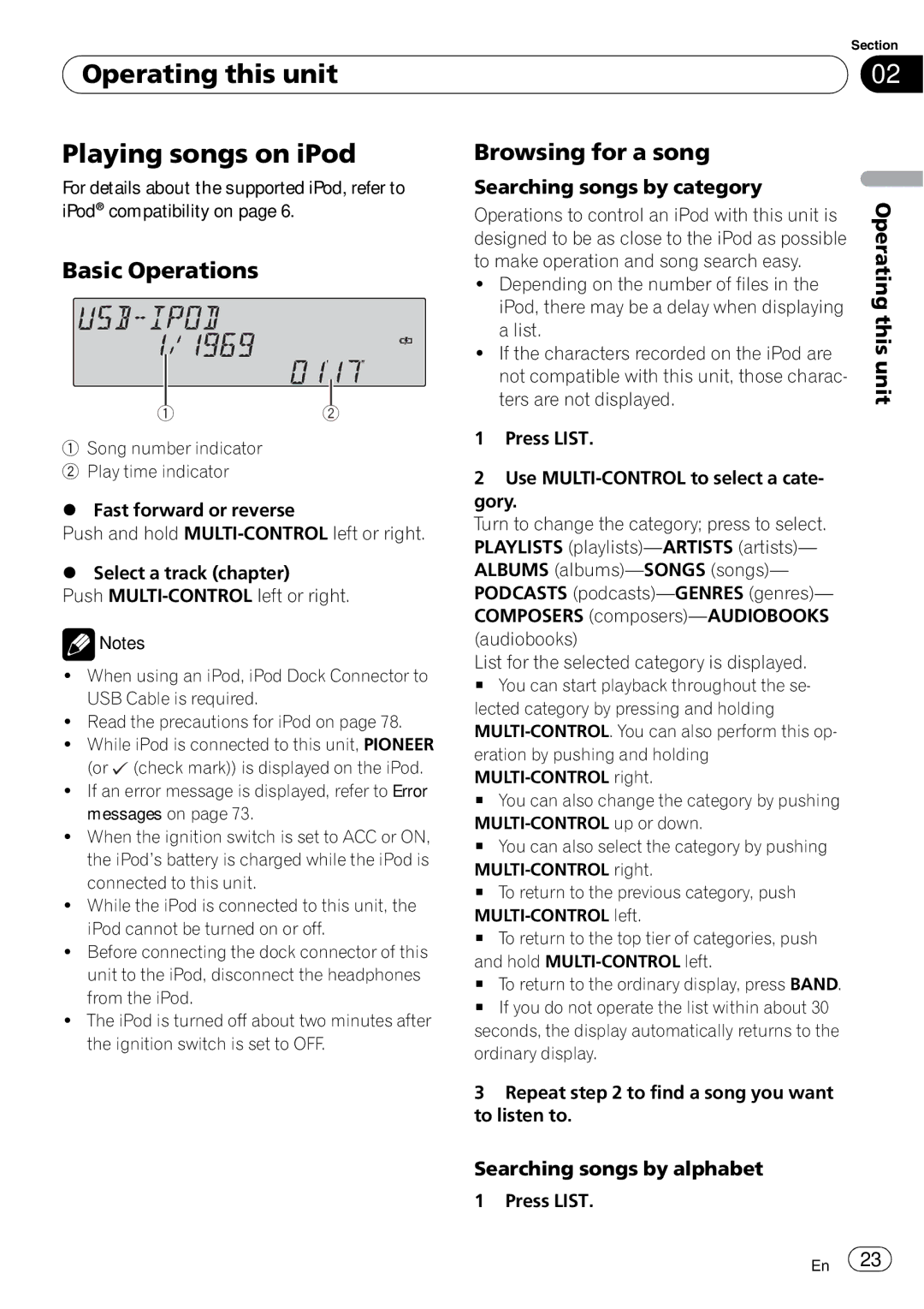 Pioneer FH-P800BT Operating this unit Playing songs on iPod, Browsing for a song, Searching songs by category,   
