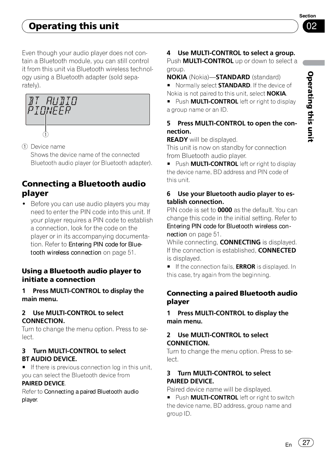 Pioneer FH-P800BT Connecting a Bluetooth audio player, Using a Bluetooth audio player to initiate a connection 