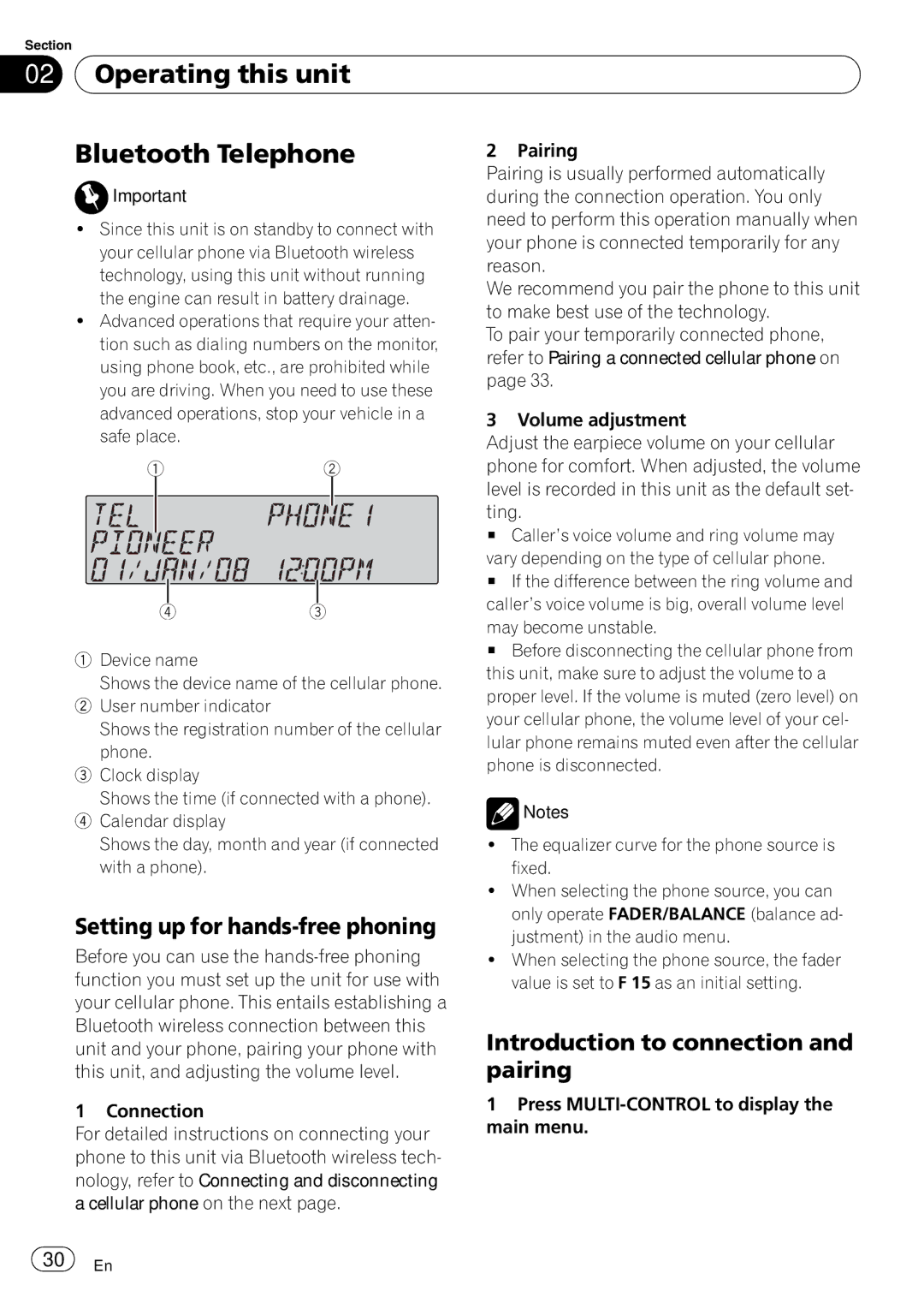 Pioneer FH-P800BT Operating this unit Bluetooth Telephone, Setting up for hands-free phoning, Introduction to connection 