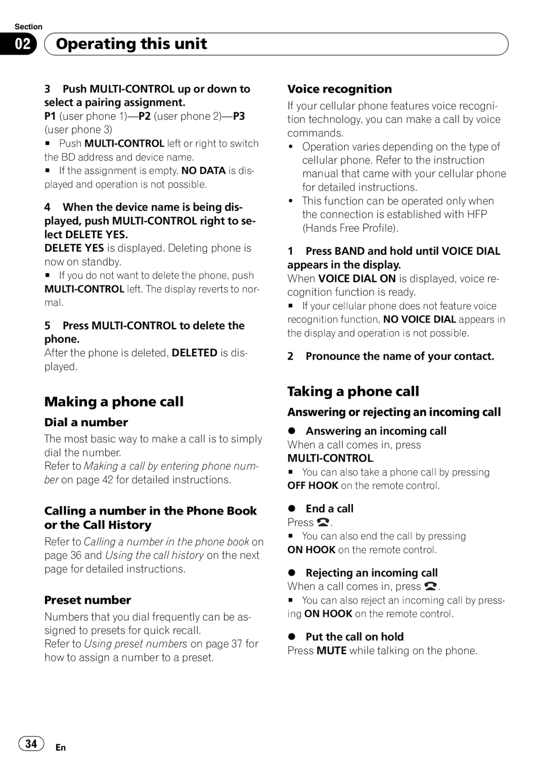 Pioneer FH-P800BT operation manual Making a phone call, Taking a phone call 