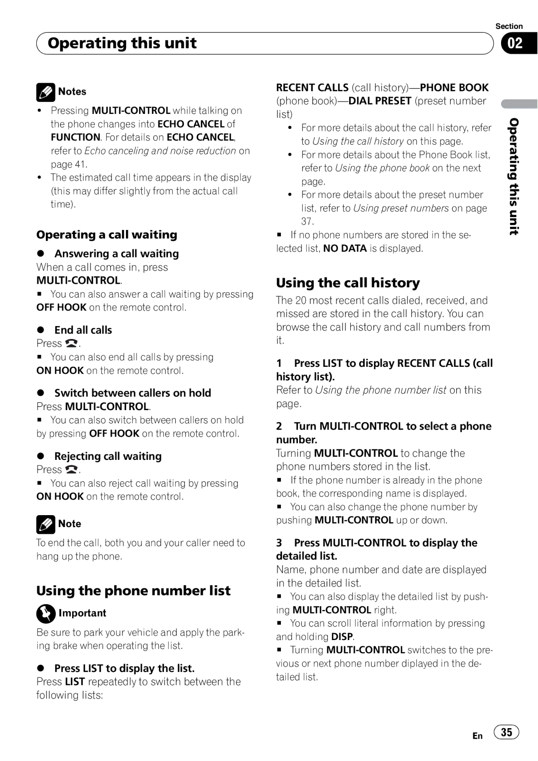 Pioneer FH-P800BT operation manual Using the phone number list, Using the call history, Operating a call waiting 