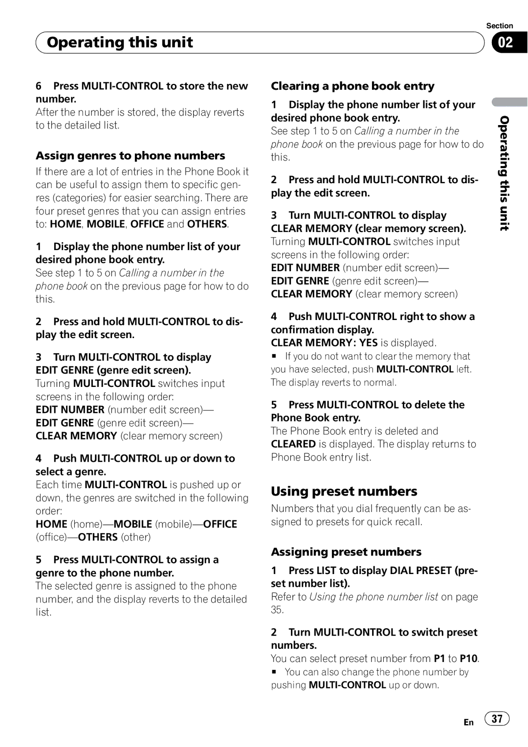 Pioneer FH-P800BT operation manual Using preset numbers, Assign genres to phone numbers, Clearing a phone book entry 