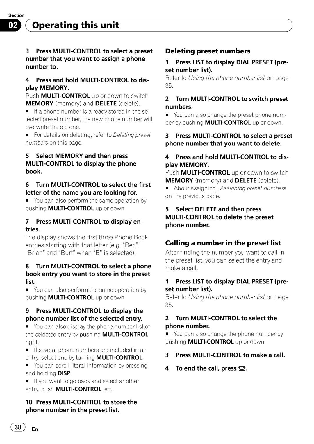 Pioneer FH-P800BT operation manual Deleting preset numbers, Calling a number in the preset list 