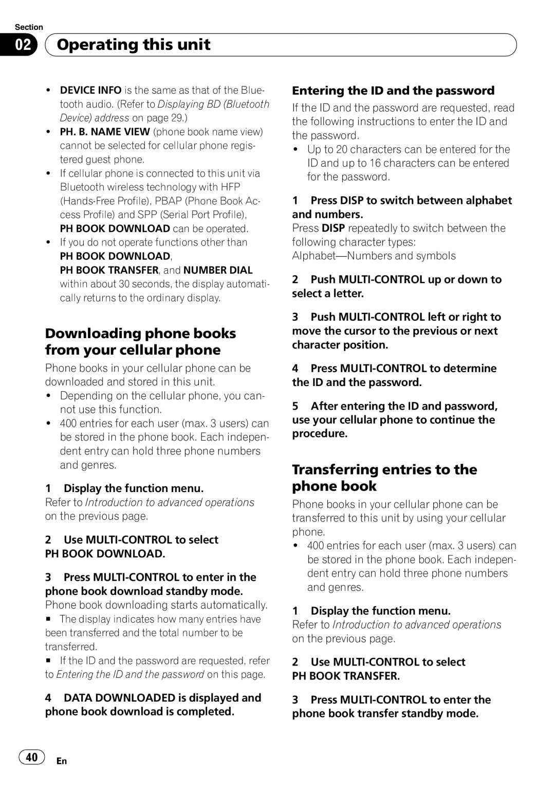 Pioneer FH-P800BT operation manual Downloading phone books from your cellular phone, Transferring entries to the phone book 