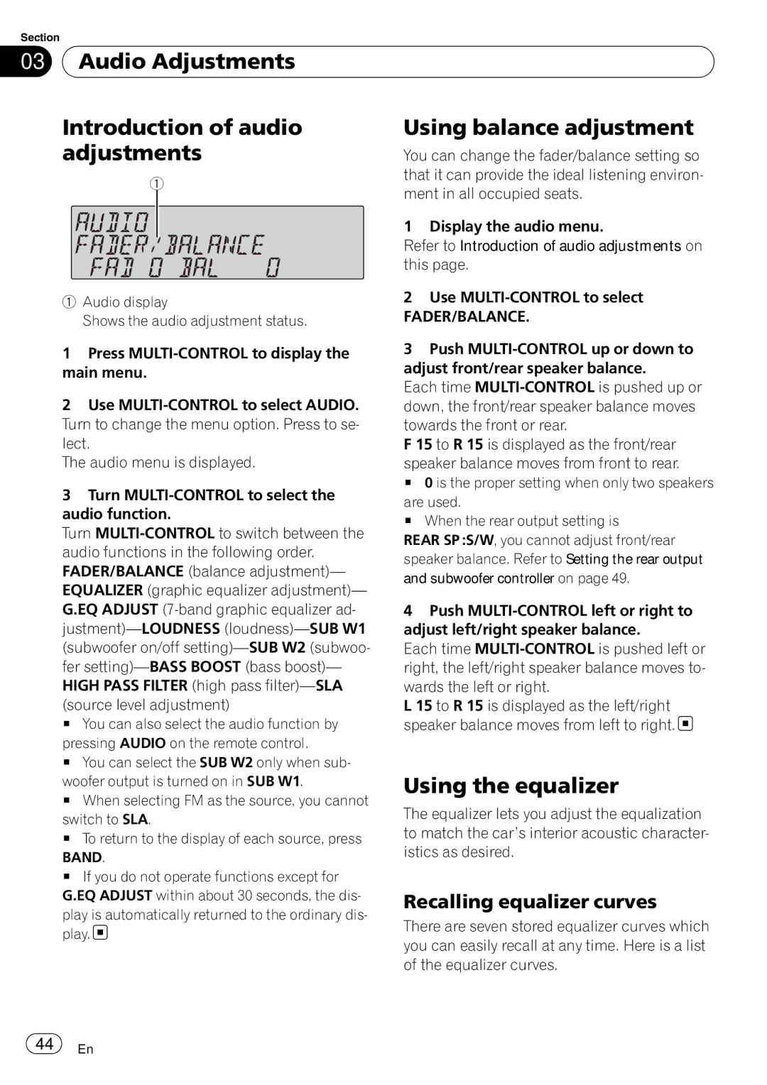 Pioneer FH-P800BT operation manual Using the equalizer, Recalling equalizer curves, Fader/Balance 