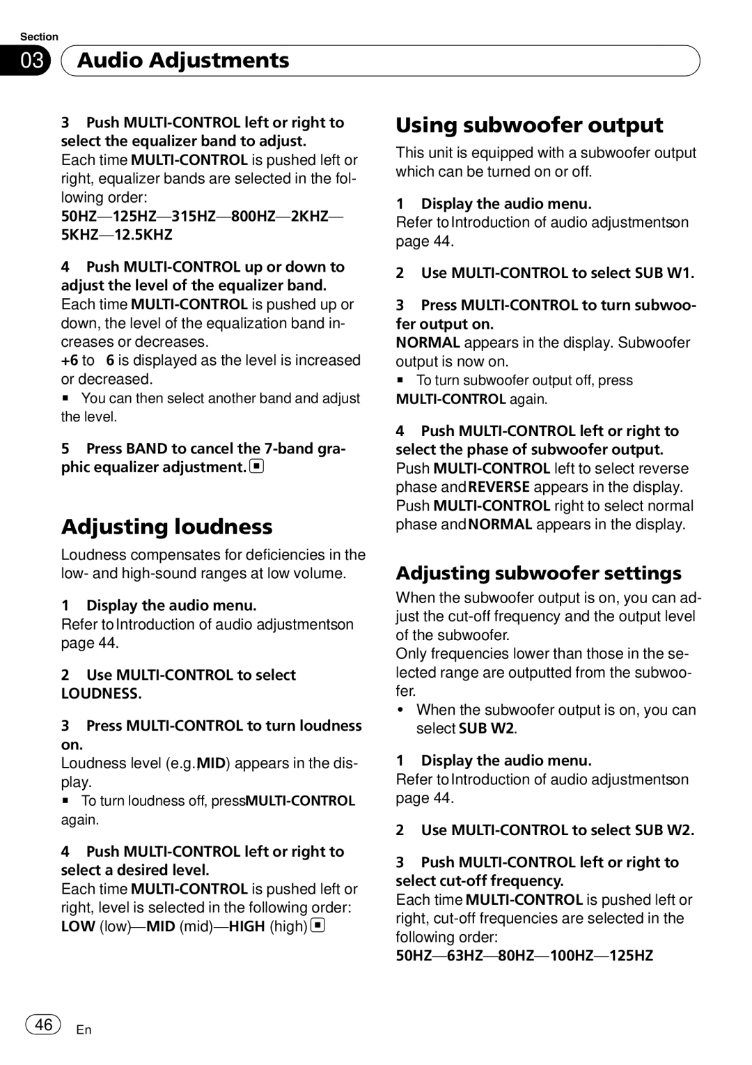 Pioneer FH-P800BT operation manual Using subwoofer output, Adjusting loudness, Adjusting subwoofer settings, Loudness 