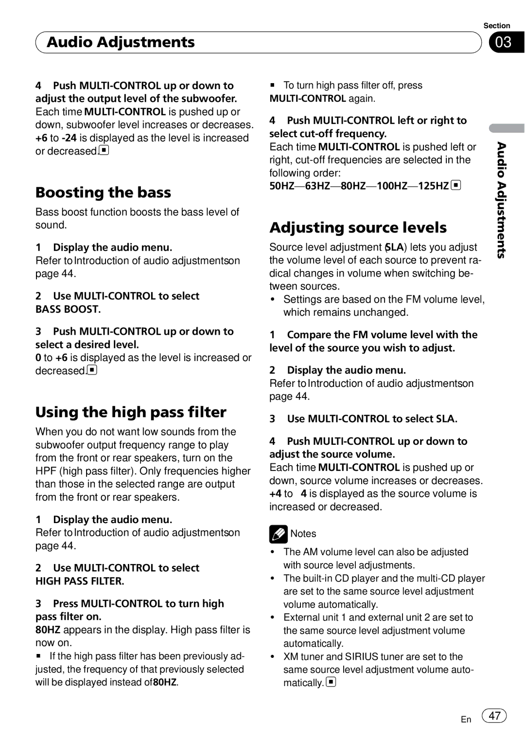 Pioneer FH-P800BT Boosting the bass, Using the high pass filter, Adjusting source levels, Bass Boost, High Pass Filter 