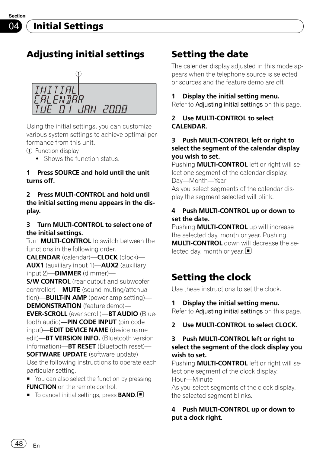 Pioneer FH-P800BT operation manual Setting the clock, Calendar 