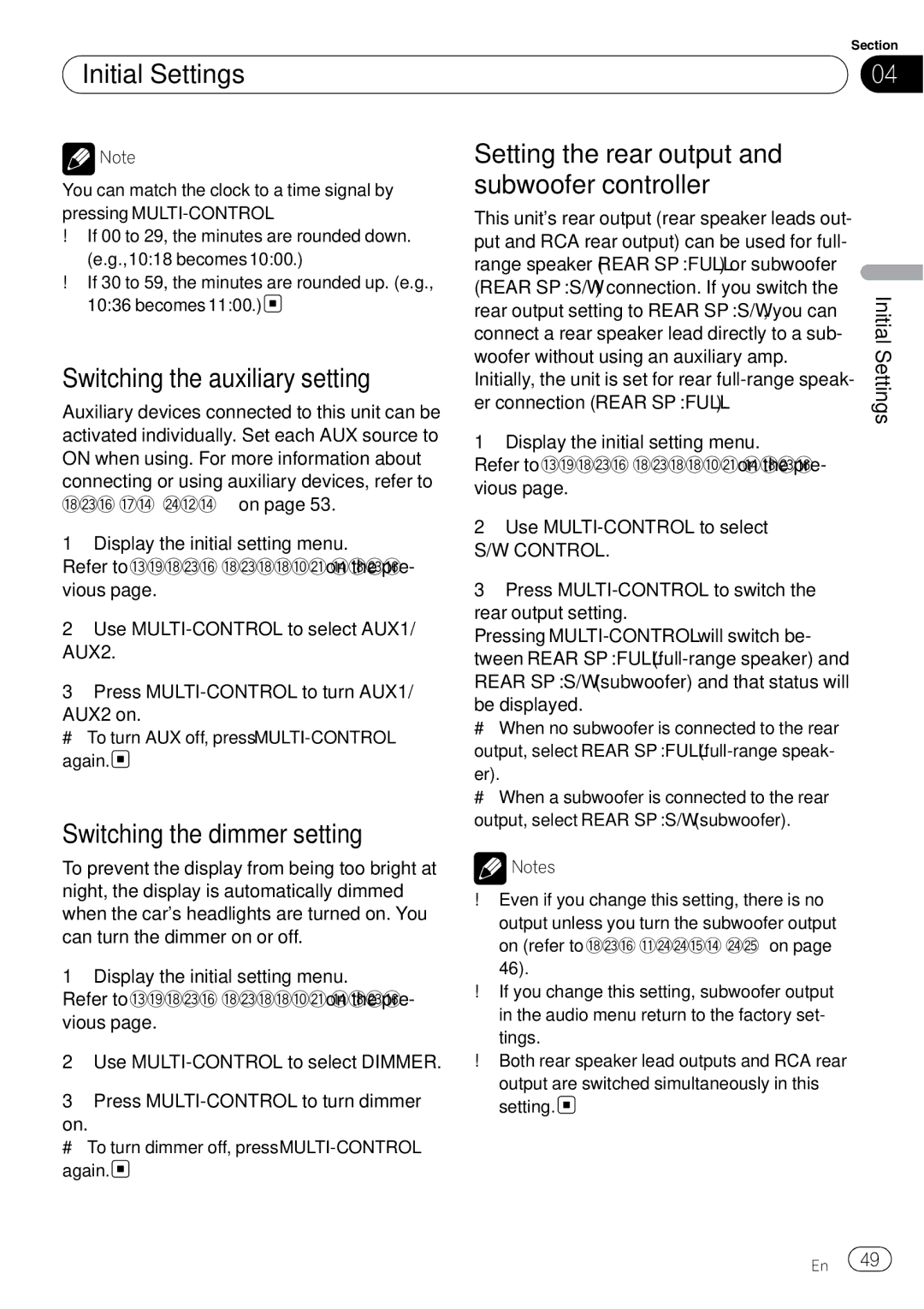 Pioneer FH-P800BT operation manual Initial Settings, Switching the auxiliary setting, Switching the dimmer setting, Control 