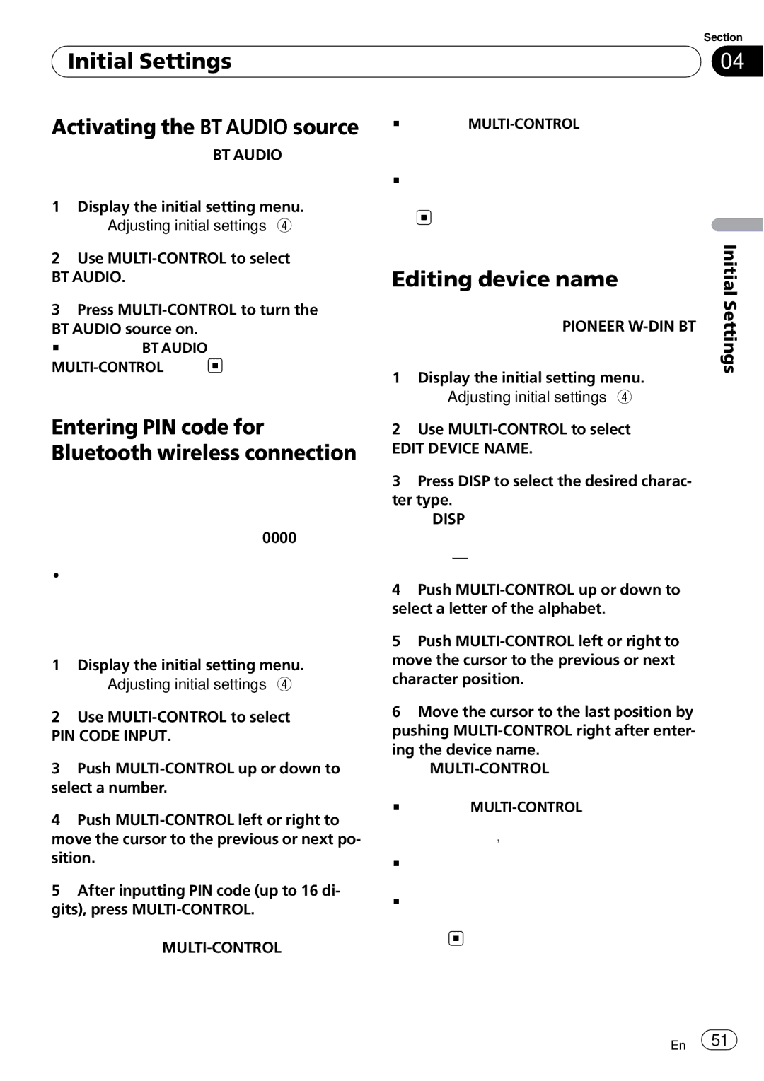 Pioneer FH-P800BT Initial Settings Activating the BT Audio source, Entering PIN code for Bluetooth wireless connection 