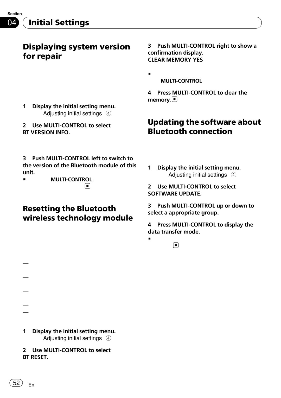 Pioneer FH-P800BT Initial Settings Displaying system version, For repair, Updating the software about Bluetooth connection 