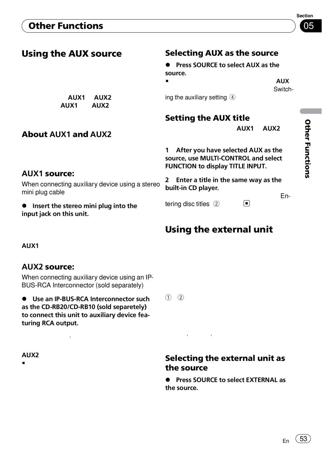 Pioneer FH-P800BT operation manual Other Functions Using the AUX source, Using the external unit 