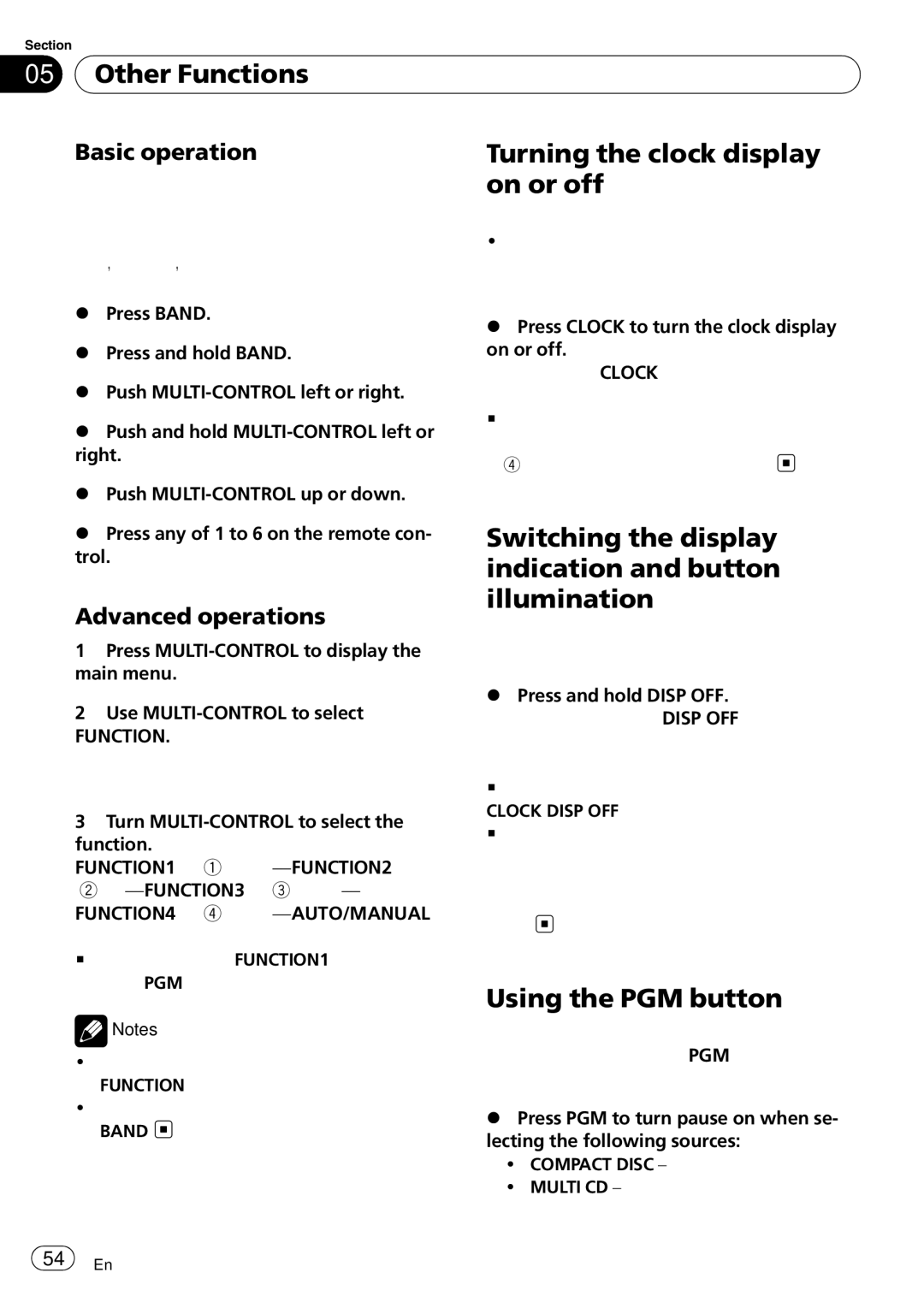 Pioneer FH-P800BT operation manual Other Functions, Turning the clock display, On or off, Using the PGM button 