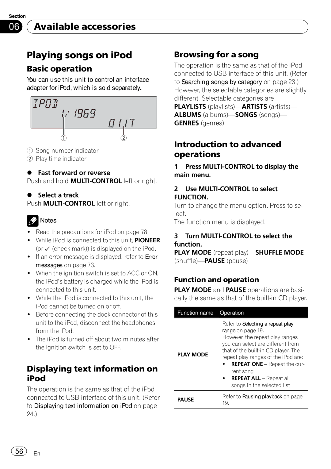 Pioneer FH-P800BT operation manual Available accessories Playing songs on iPod, Introduction to advanced, Operations, IPod 