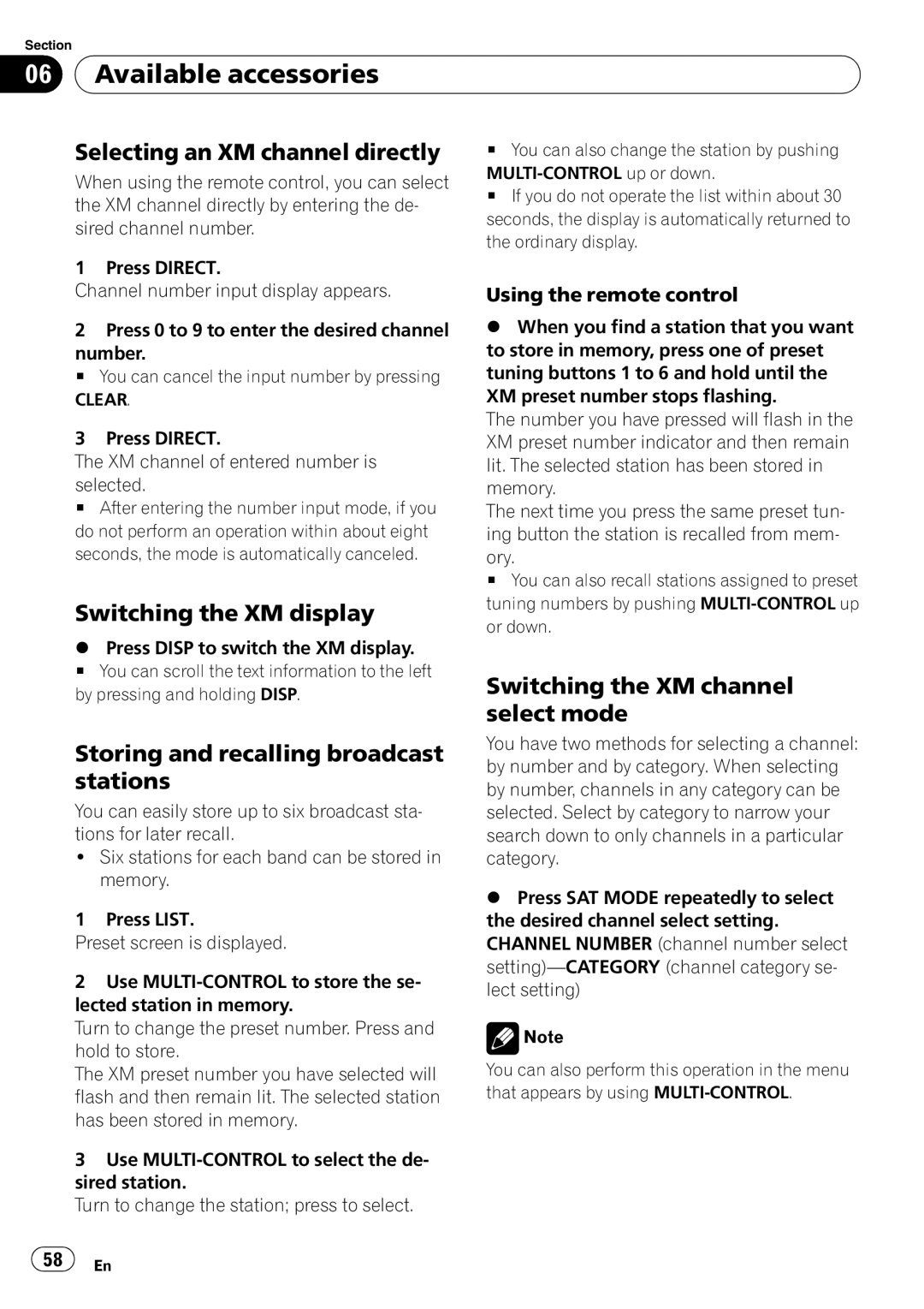 Pioneer FH-P800BT operation manual Available accessories, Selecting an XM channel directly, Switching the XM display 