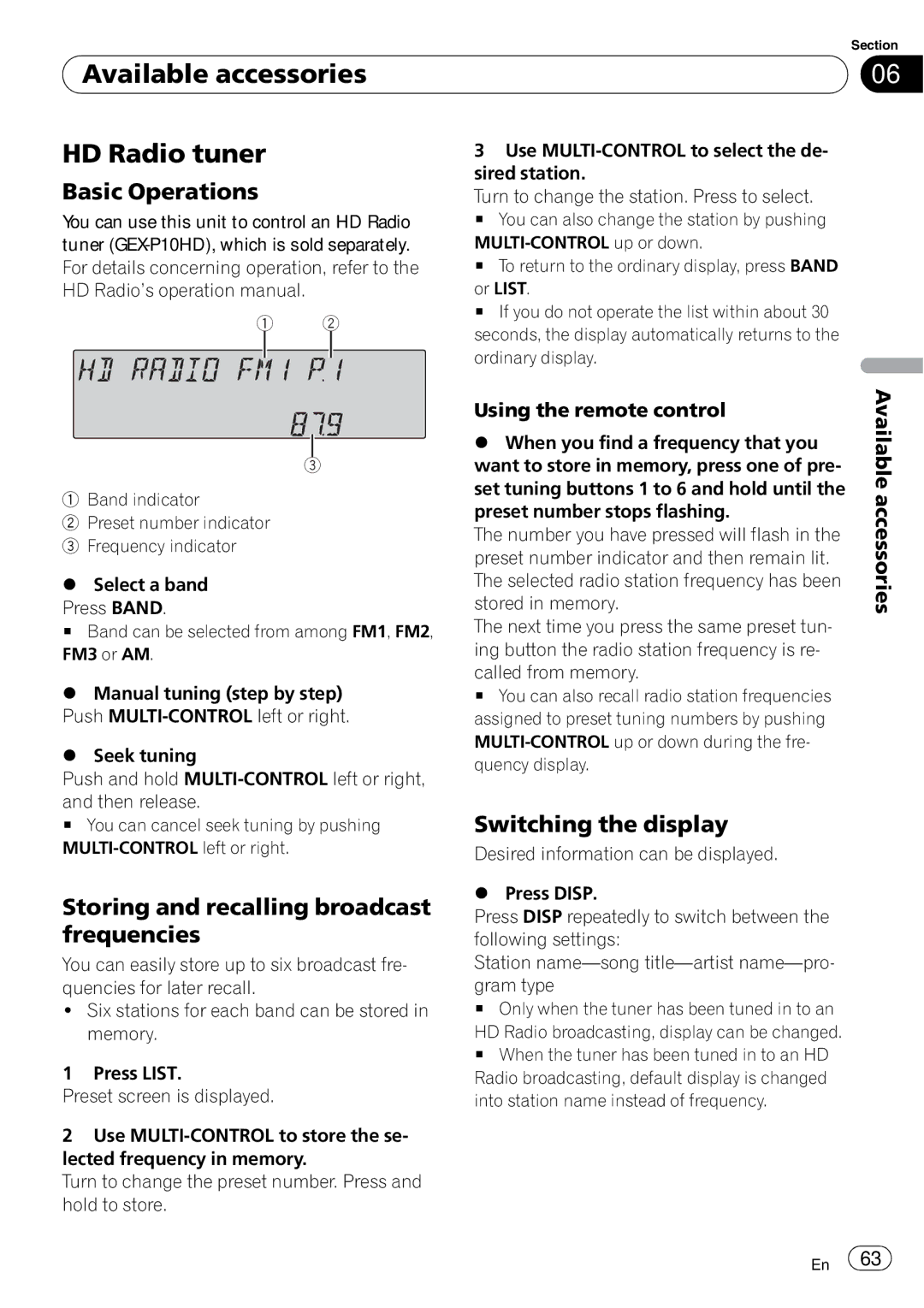 Pioneer FH-P800BT Available accessories HD Radio tuner, Switching the display, Use MULTI-CONTROL to select the de 