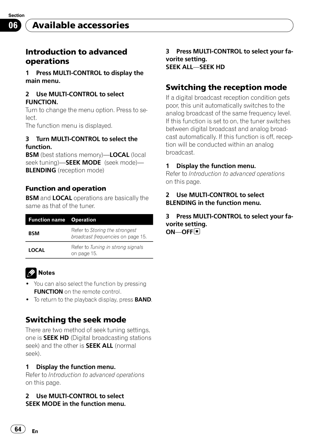 Pioneer FH-P800BT operation manual Switching the reception mode, Switching the seek mode, Seek ALL-SEEK HD, On-Off 