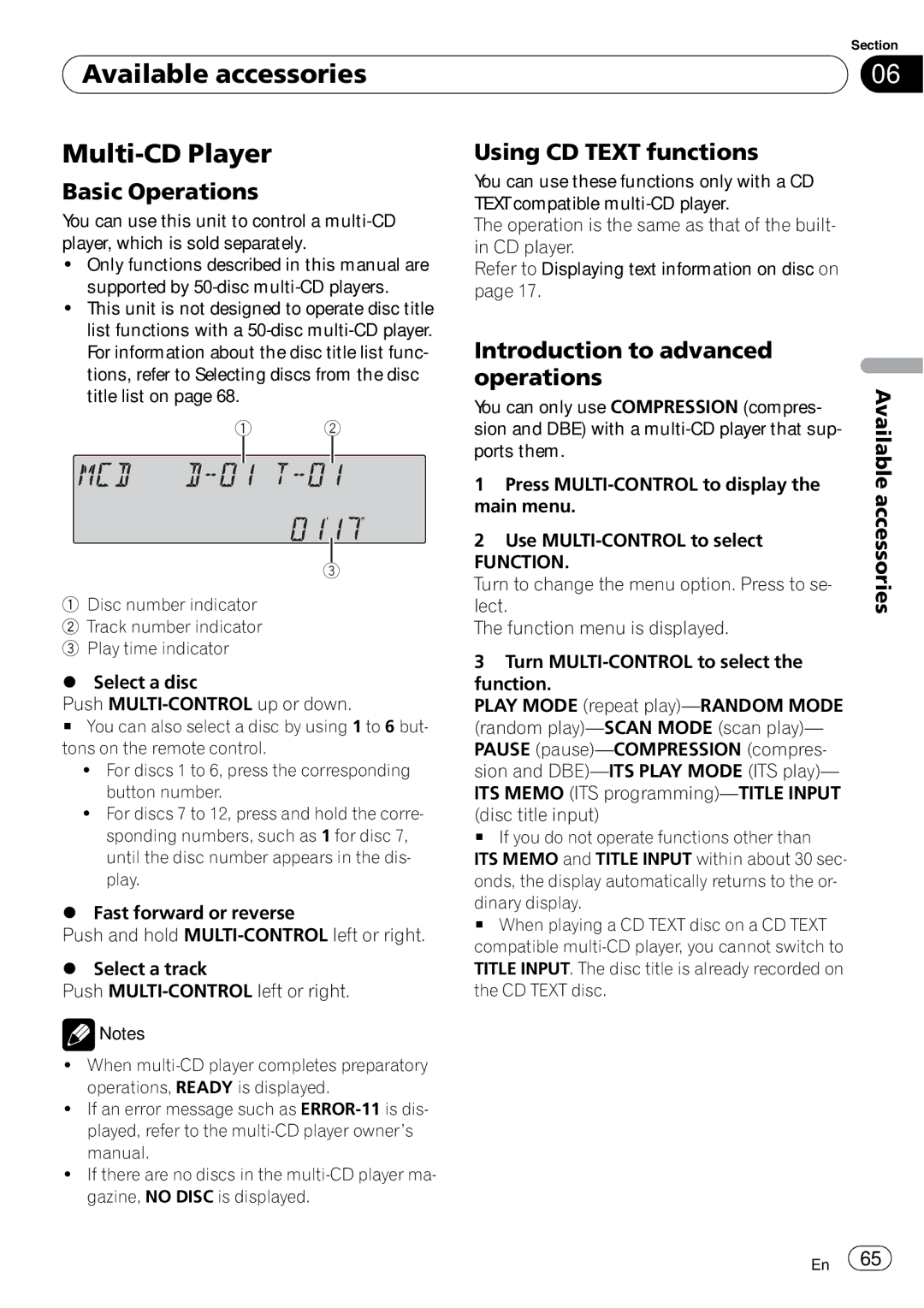 Pioneer FH-P800BT operation manual Available accessories Multi-CD Player, Using CD Text functions 