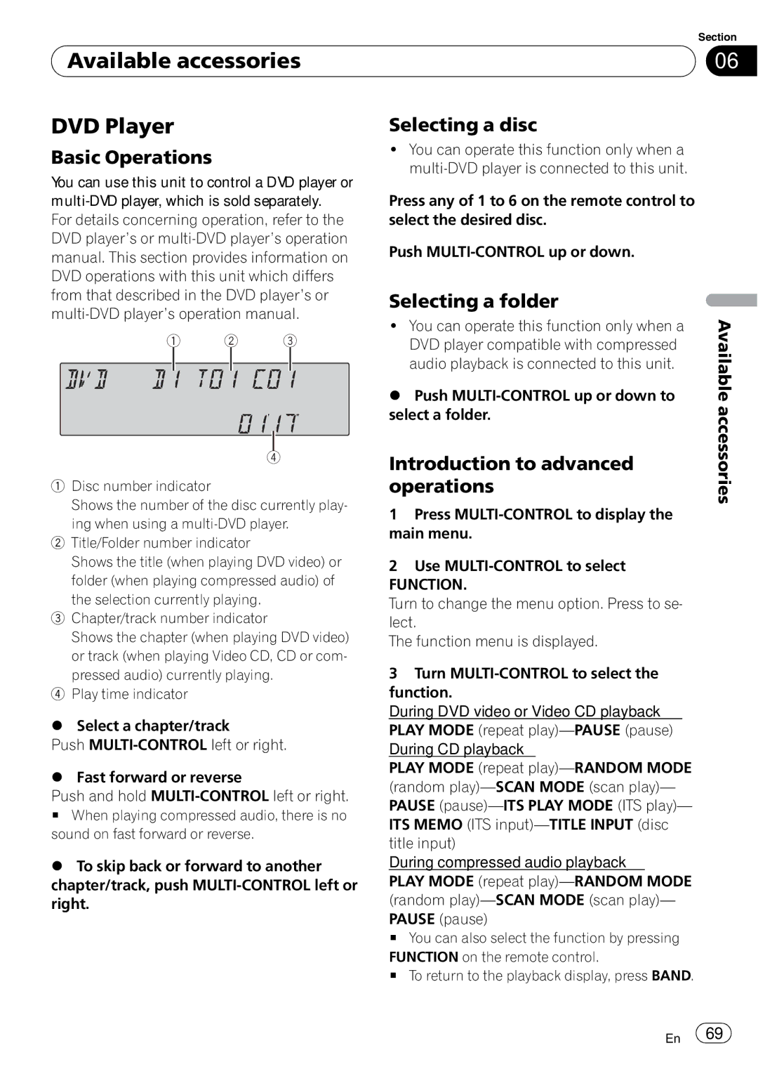 Pioneer FH-P800BT operation manual Available accessories DVD Player, Selecting a disc, Selecting a folder 