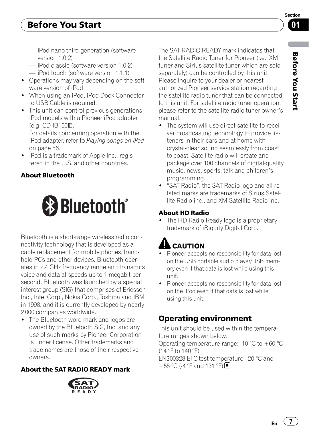 Pioneer FH-P800BT operation manual Operating environment 