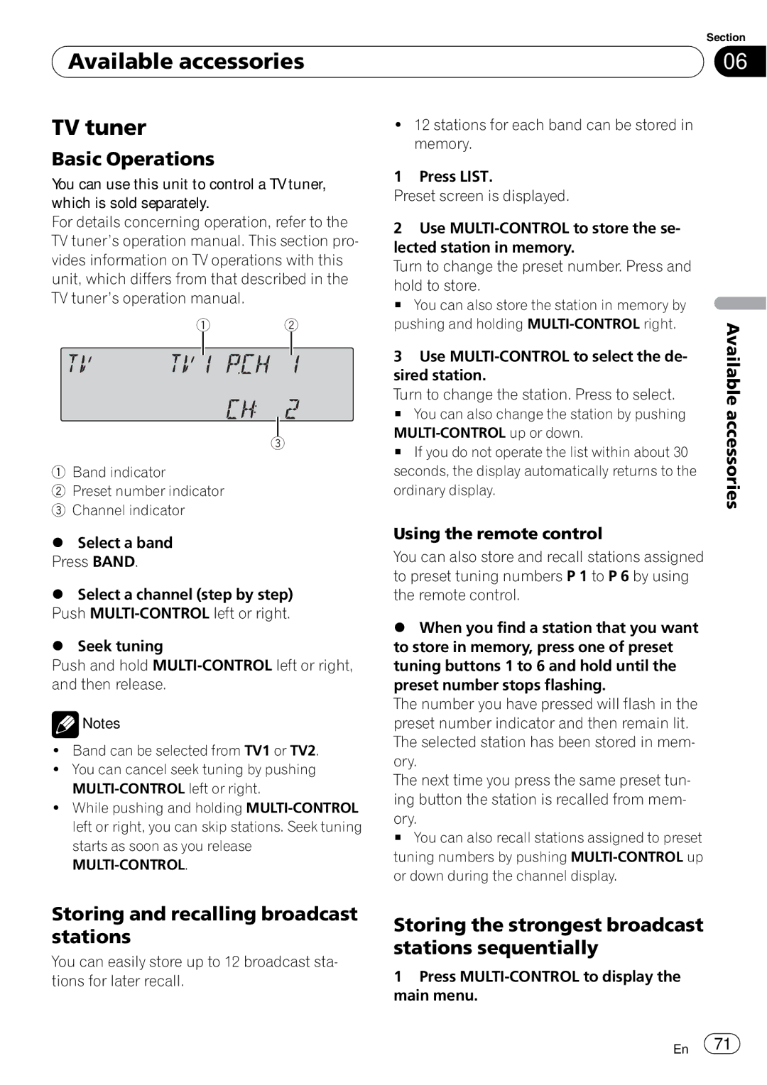 Pioneer FH-P800BT operation manual Available accessories TV tuner, Storing the strongest broadcast stations sequentially 