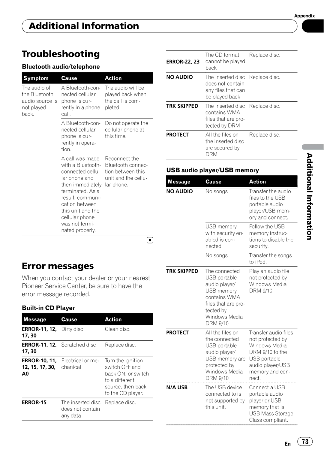 Pioneer FH-P800BT operation manual Additional Information Troubleshooting, Error messages 