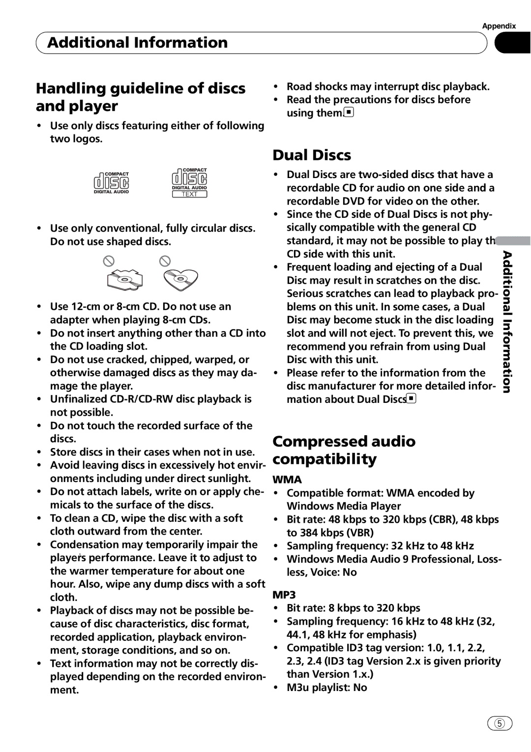 Pioneer FH-P800BT operation manual Dual Discs, Compressed audio compatibility, Wma, MP3 