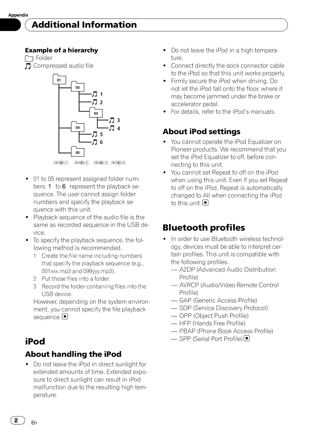 Pioneer FH-P800BT operation manual IPod, Bluetooth profiles, About handling the iPod, About iPod settings 