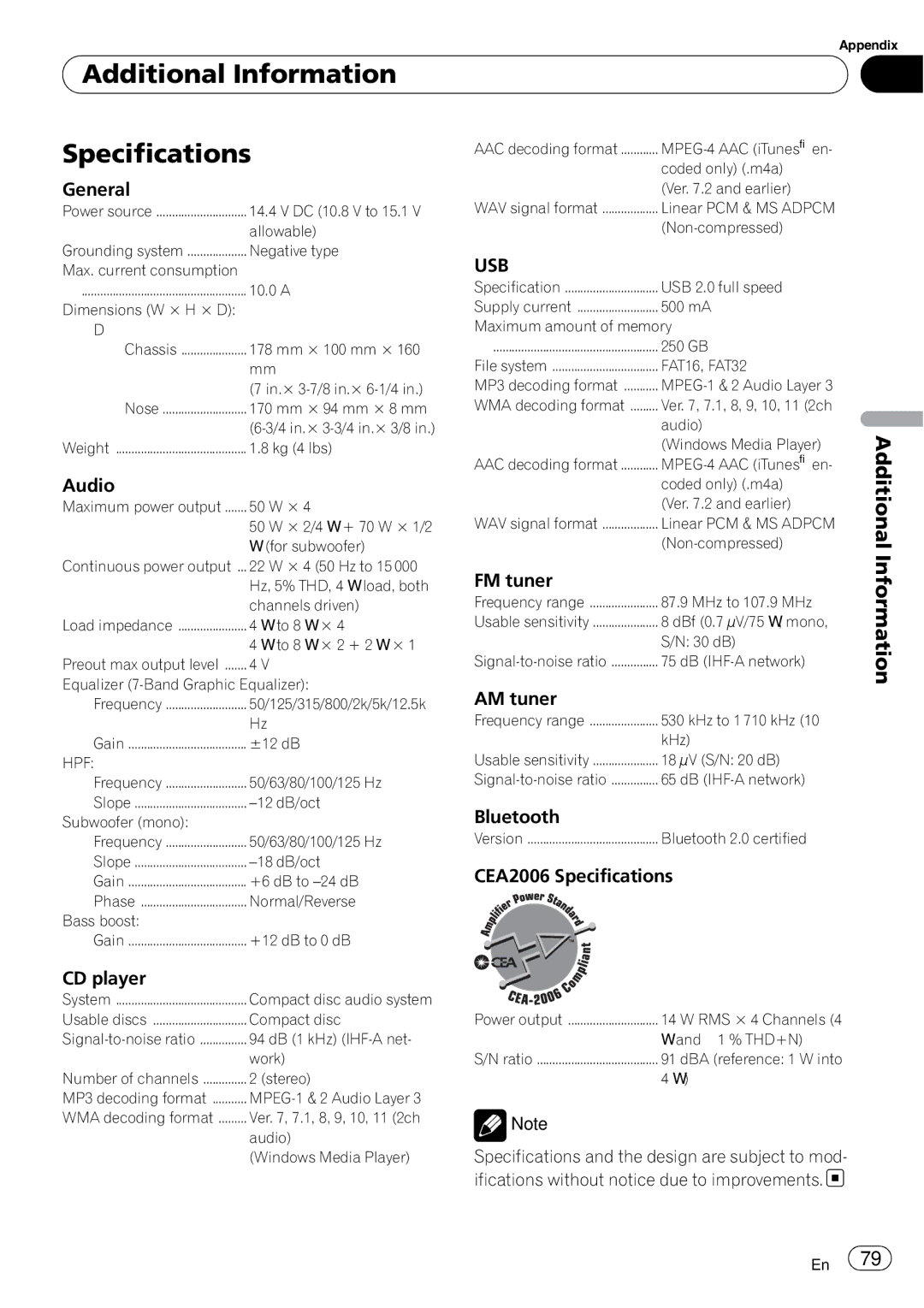 Pioneer FH-P800BT operation manual Additional Information Specifications, Usb 