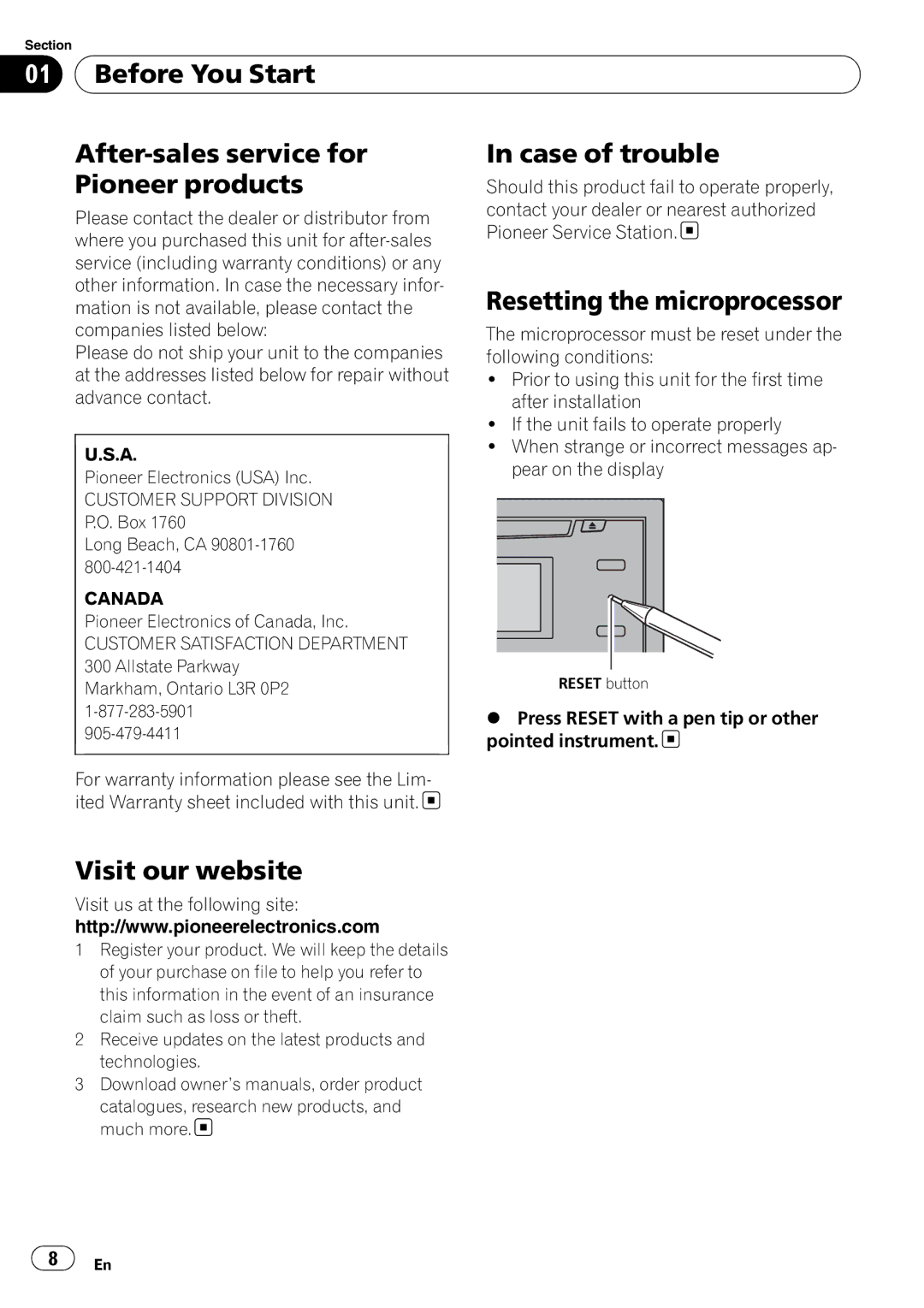 Pioneer FH-P800BT operation manual Resetting the microprocessor, Visit our website, Customer Support Division, Canada 