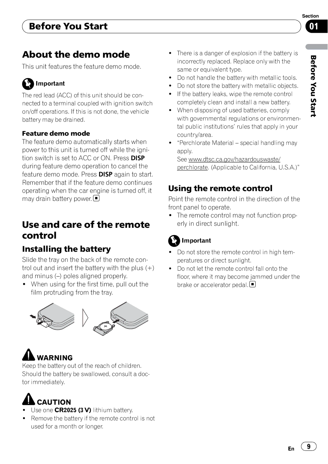 Pioneer FH-P800BT Before You Start About the demo mode, Use and care of the remote control, Using the remote control 