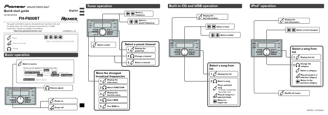 Pioneer FH-P800BT quick start Tuner operation, Built-in CD and USB operation IPod operation, Basic operation 