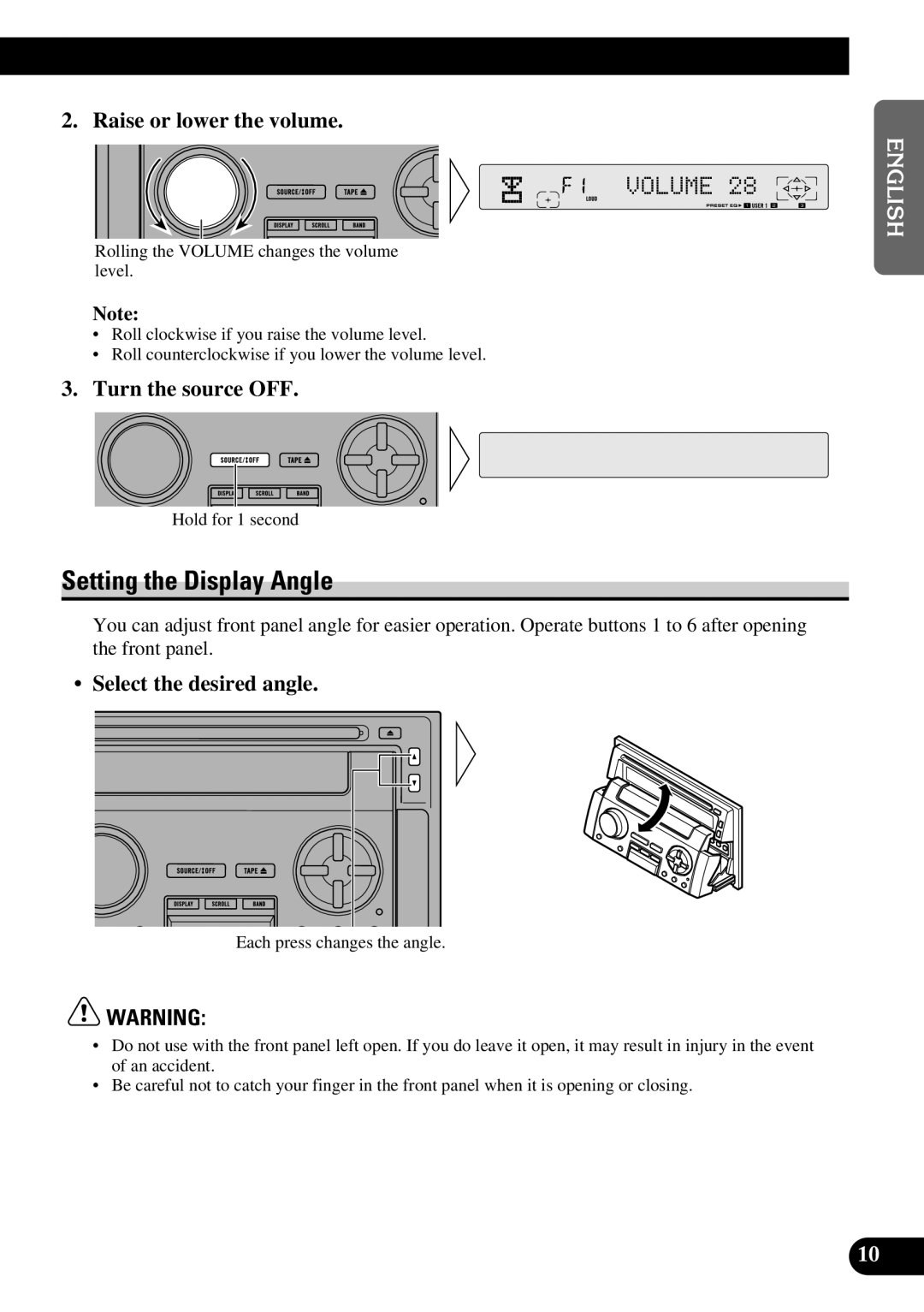 Pioneer FH-P8800 Setting the Display Angle, Raise or lower the volume, Turn the source OFF, Select the desired angle 