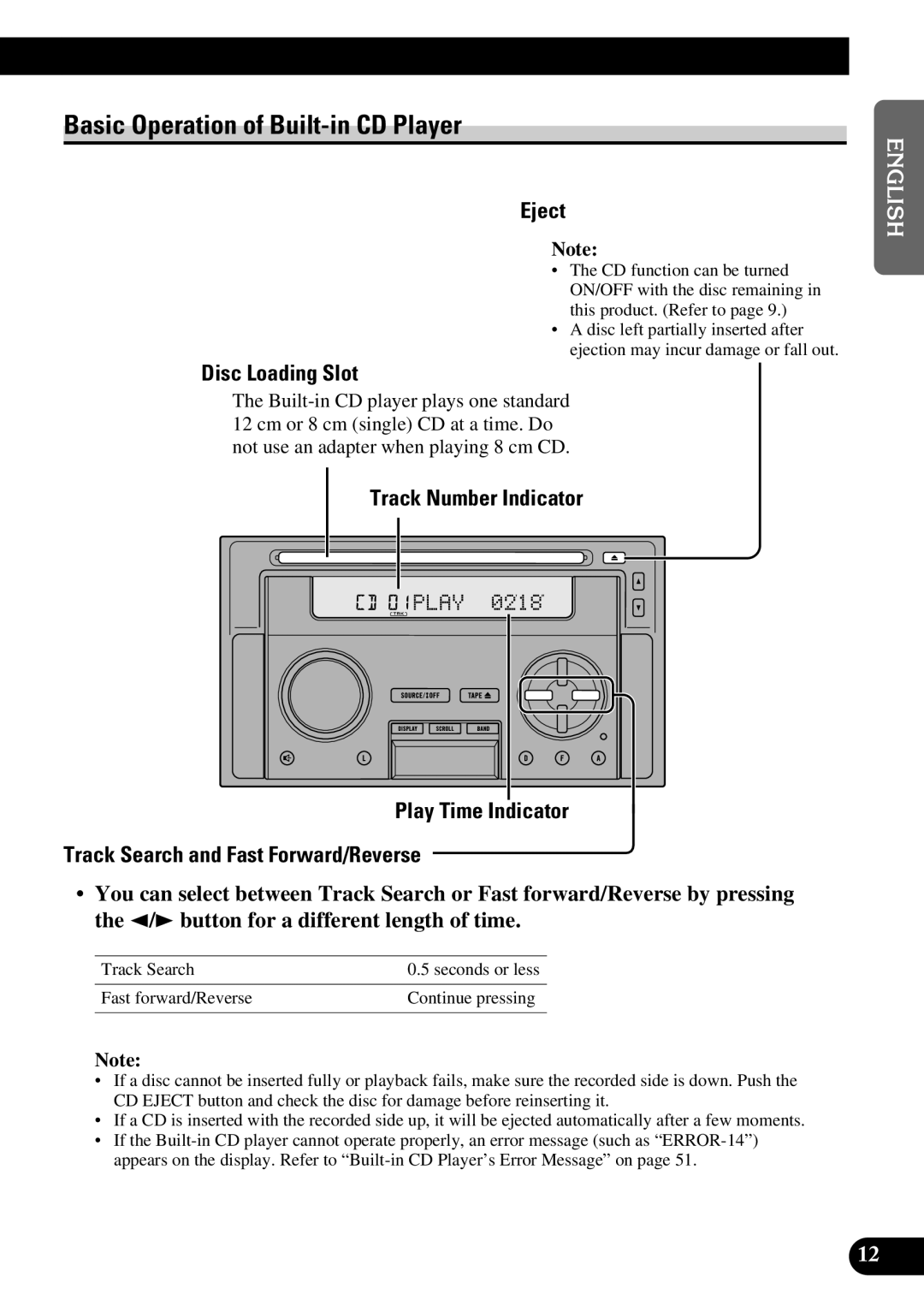 Pioneer FH-P8800 operation manual Basic Operation of Built-in CD Player, Eject, Disc Loading Slot 